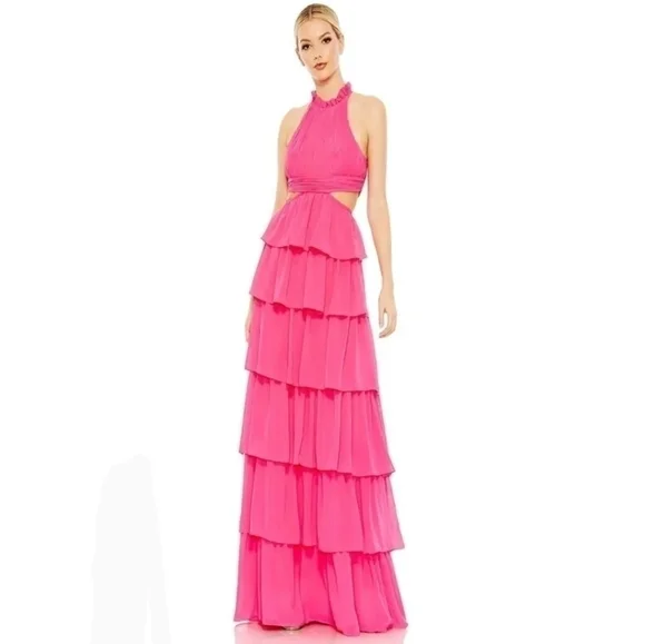 Mac Duggal tiered ruffle pleated halter gown with cutout in hot pink size 4 - Picture 1 of 8